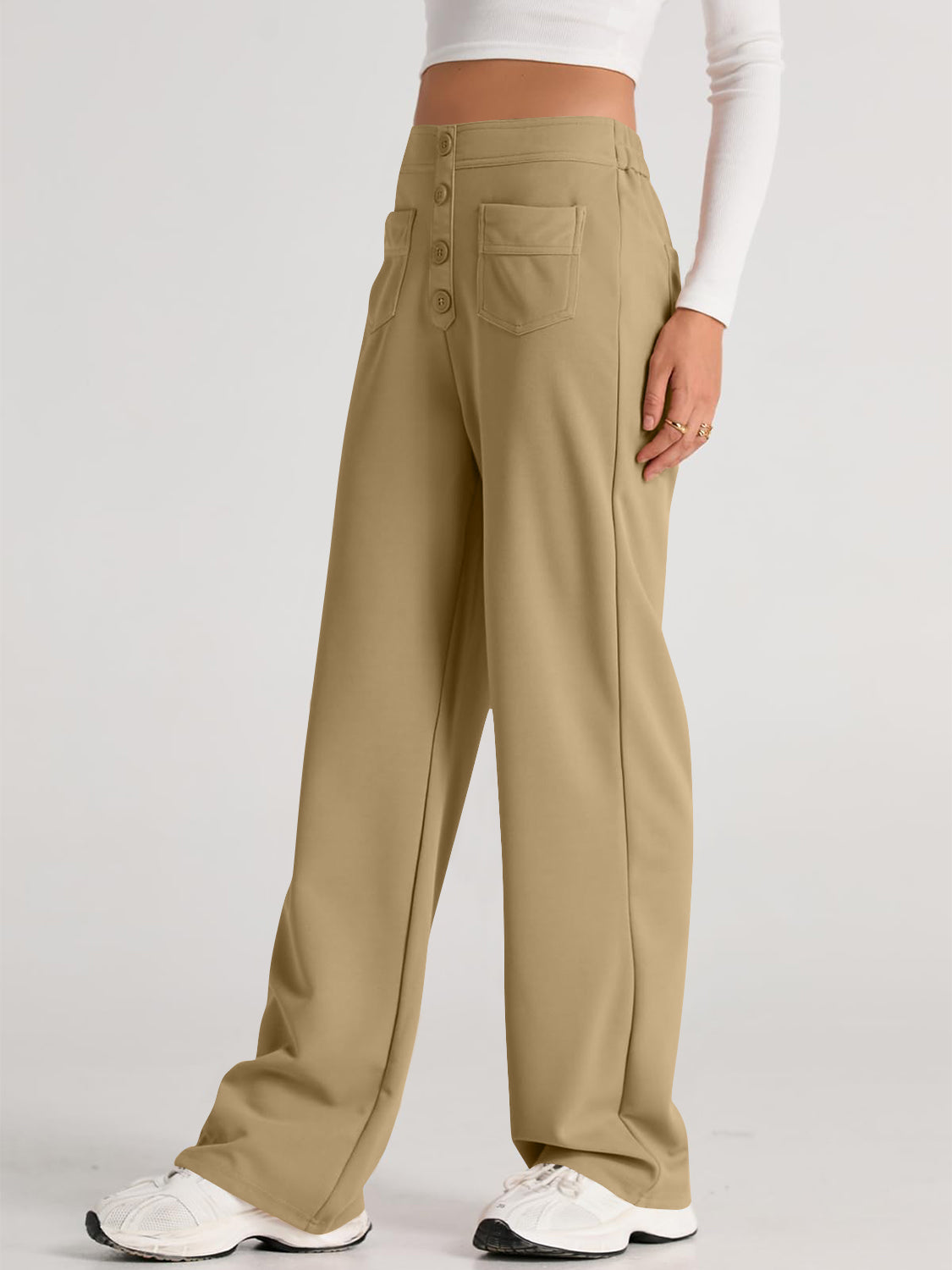 High waist wide leg pants with pockets, opaque.