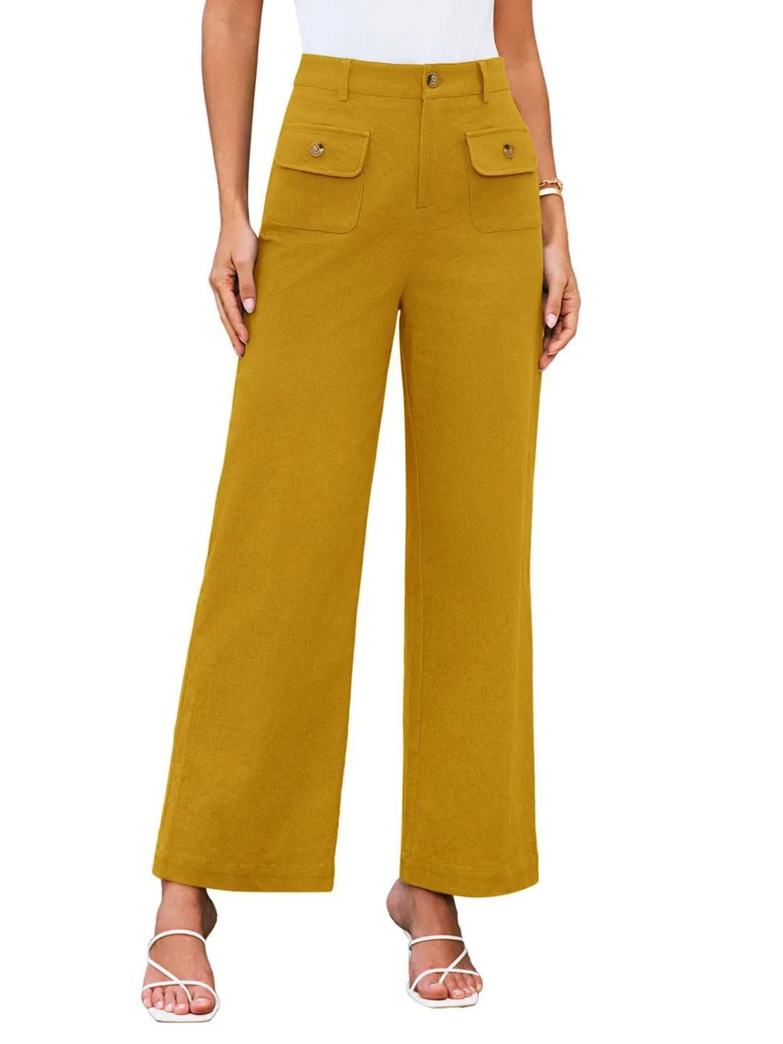 High waist wide leg pants with buttons and pockets.