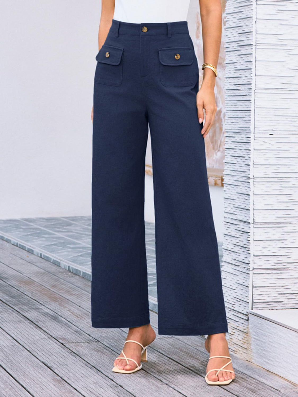High waist wide leg pants with pockets, opaque.