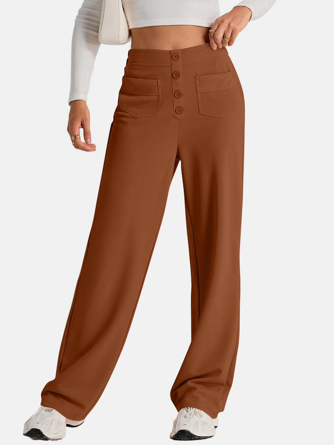 High waist wide leg pants with pockets, opaque.