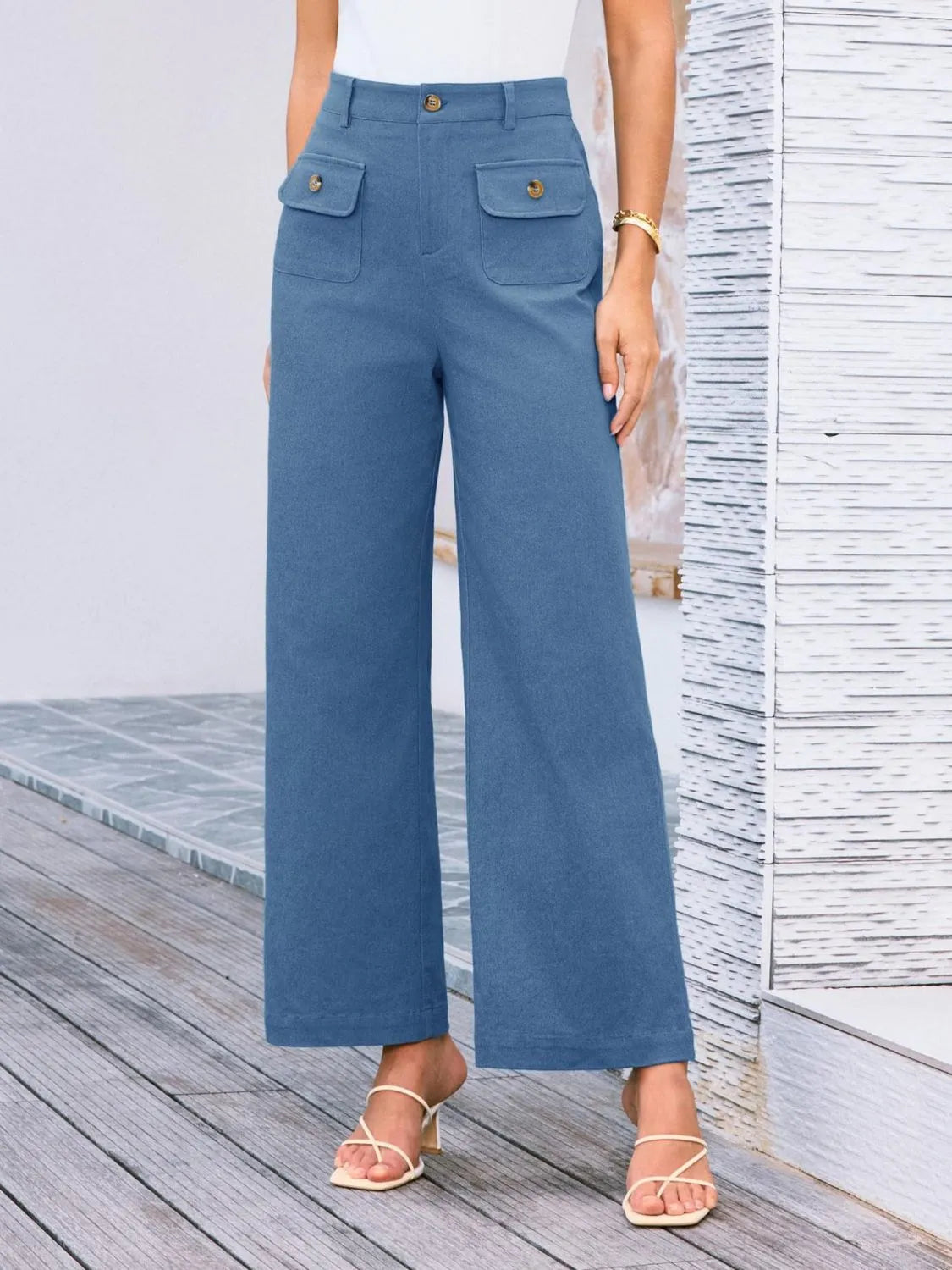 High waist wide leg pants with buttons and pockets.