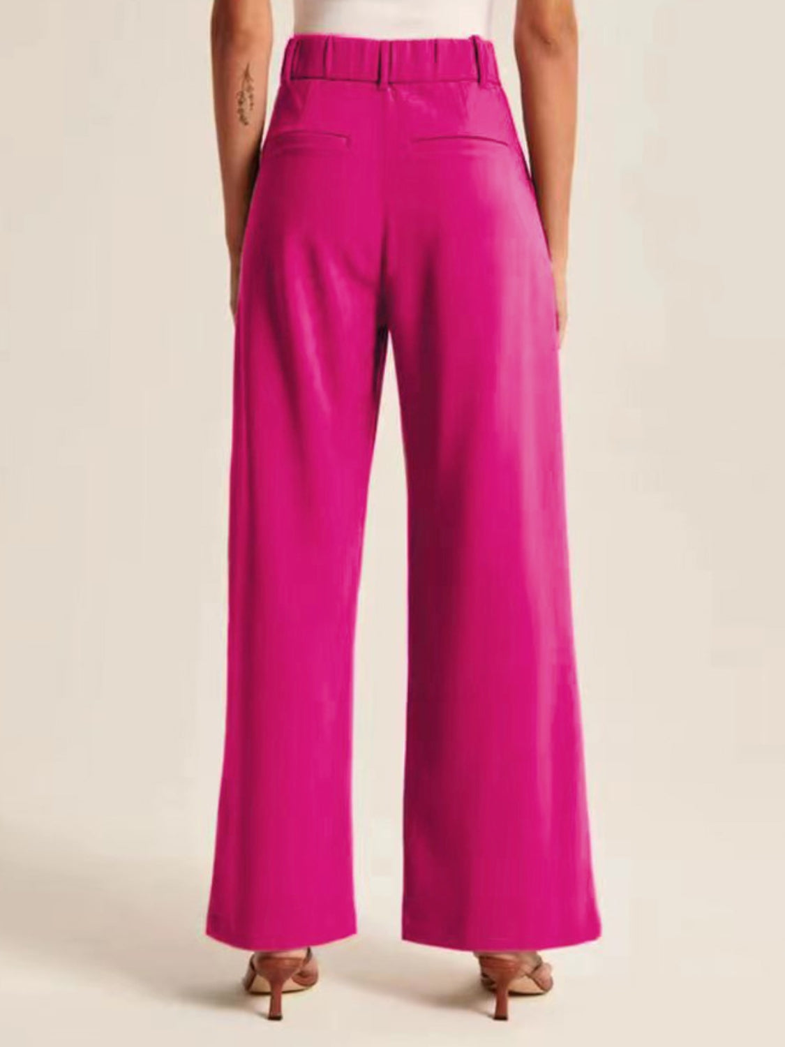 High waist wide leg pants, opaque.