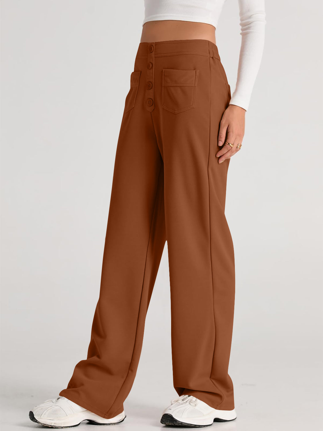 High waist wide leg pants with pockets, opaque.