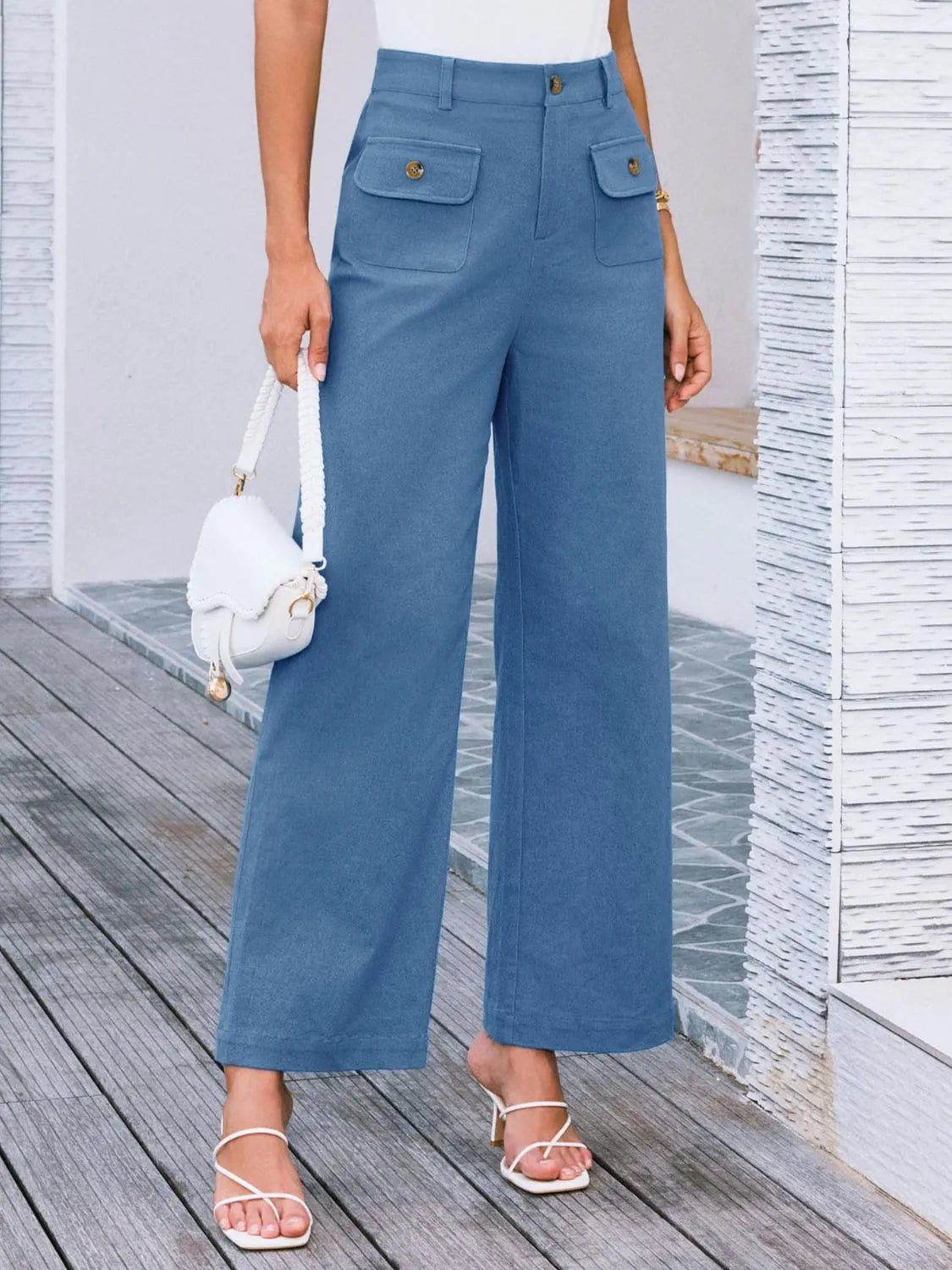 High waist wide leg pants with buttons and pockets.