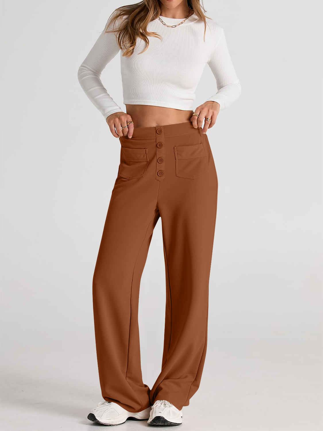 High waist wide leg pants with pockets, opaque.
