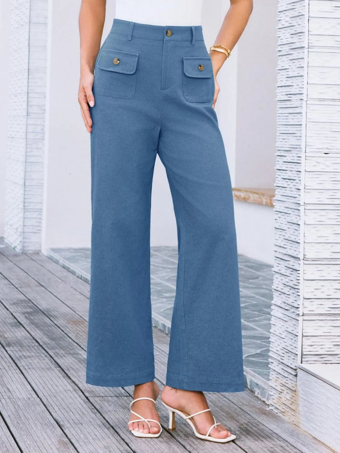 High waist wide leg pants with buttons and pockets.