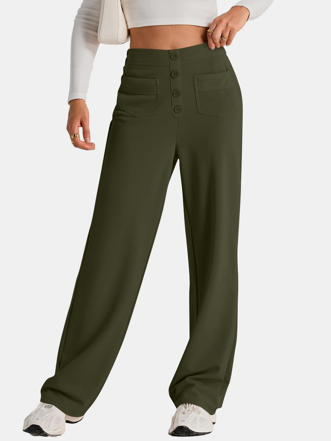 High waist wide leg pants with pockets, opaque.