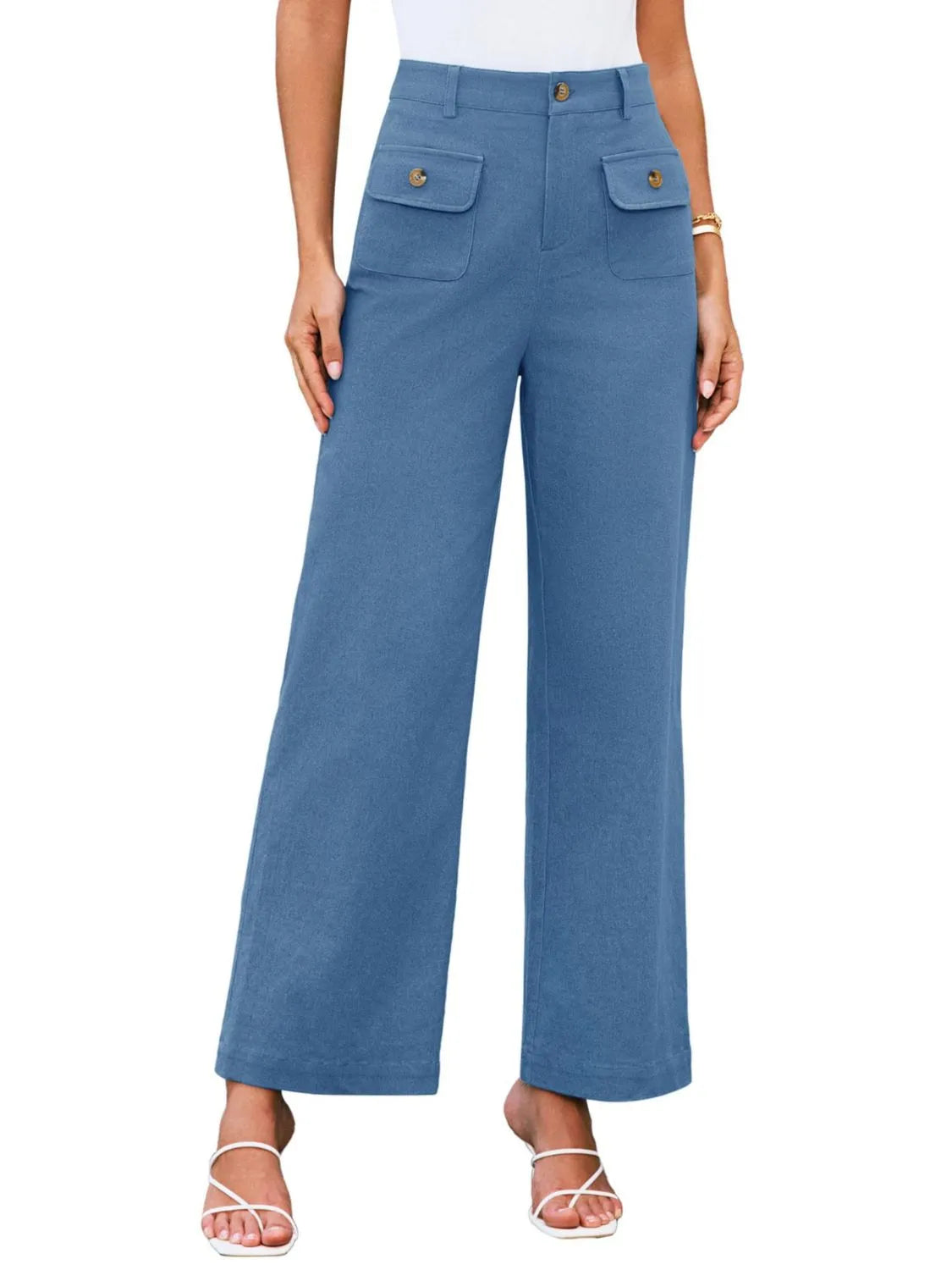 High waist wide leg pants with buttons and pockets.