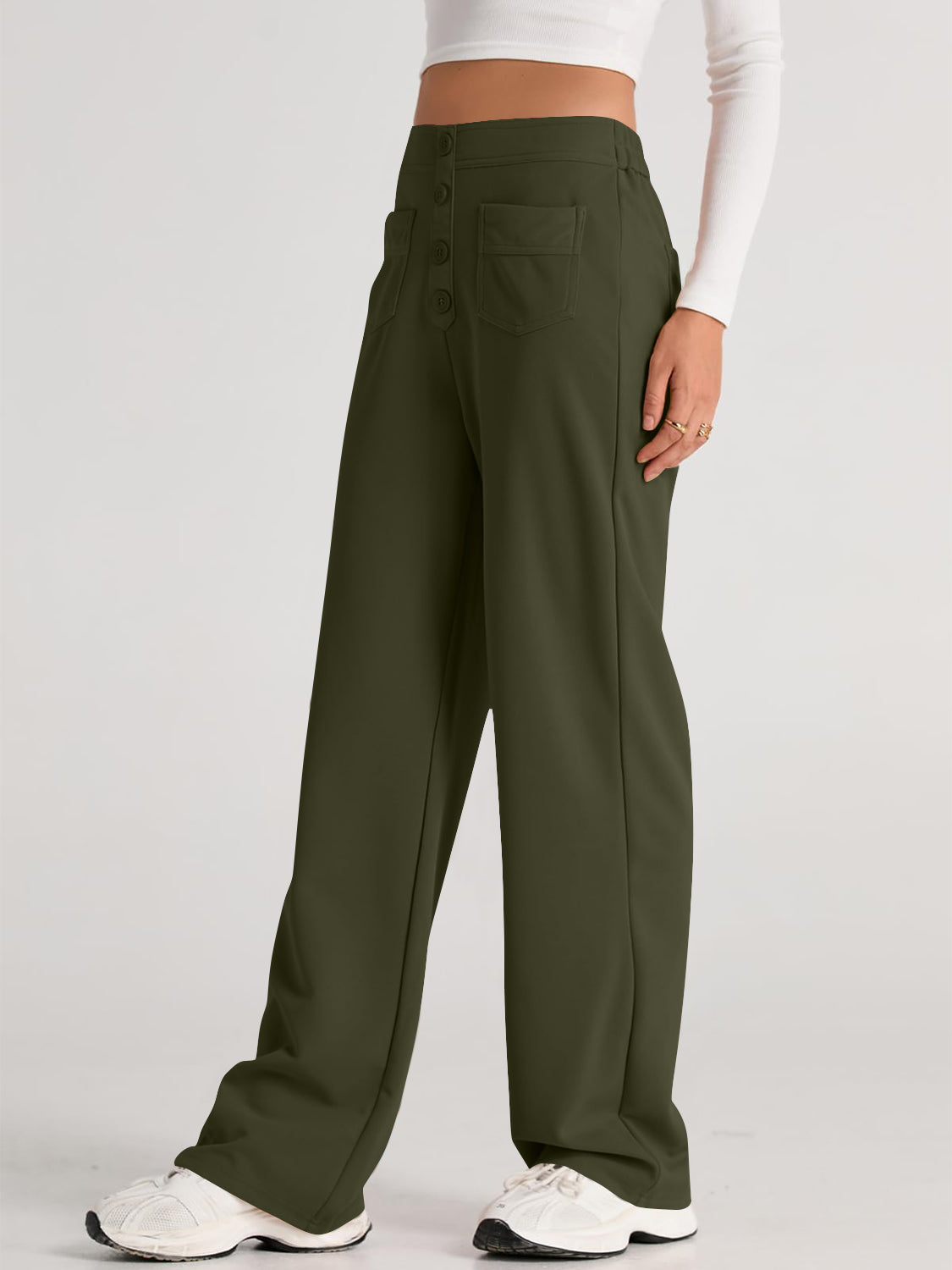High waist wide leg pants with pockets, opaque.