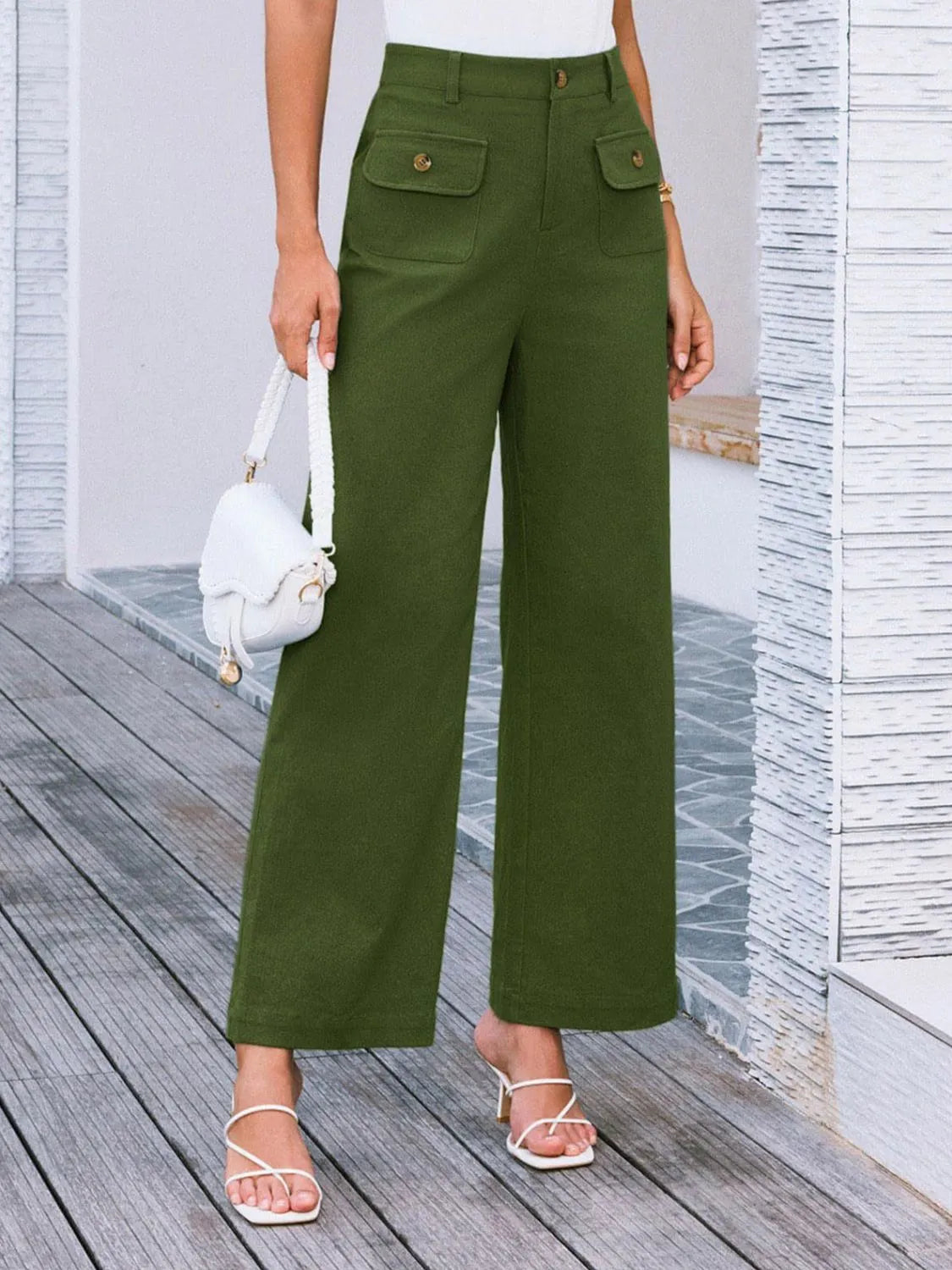 High waist wide leg pants with buttons and pockets.