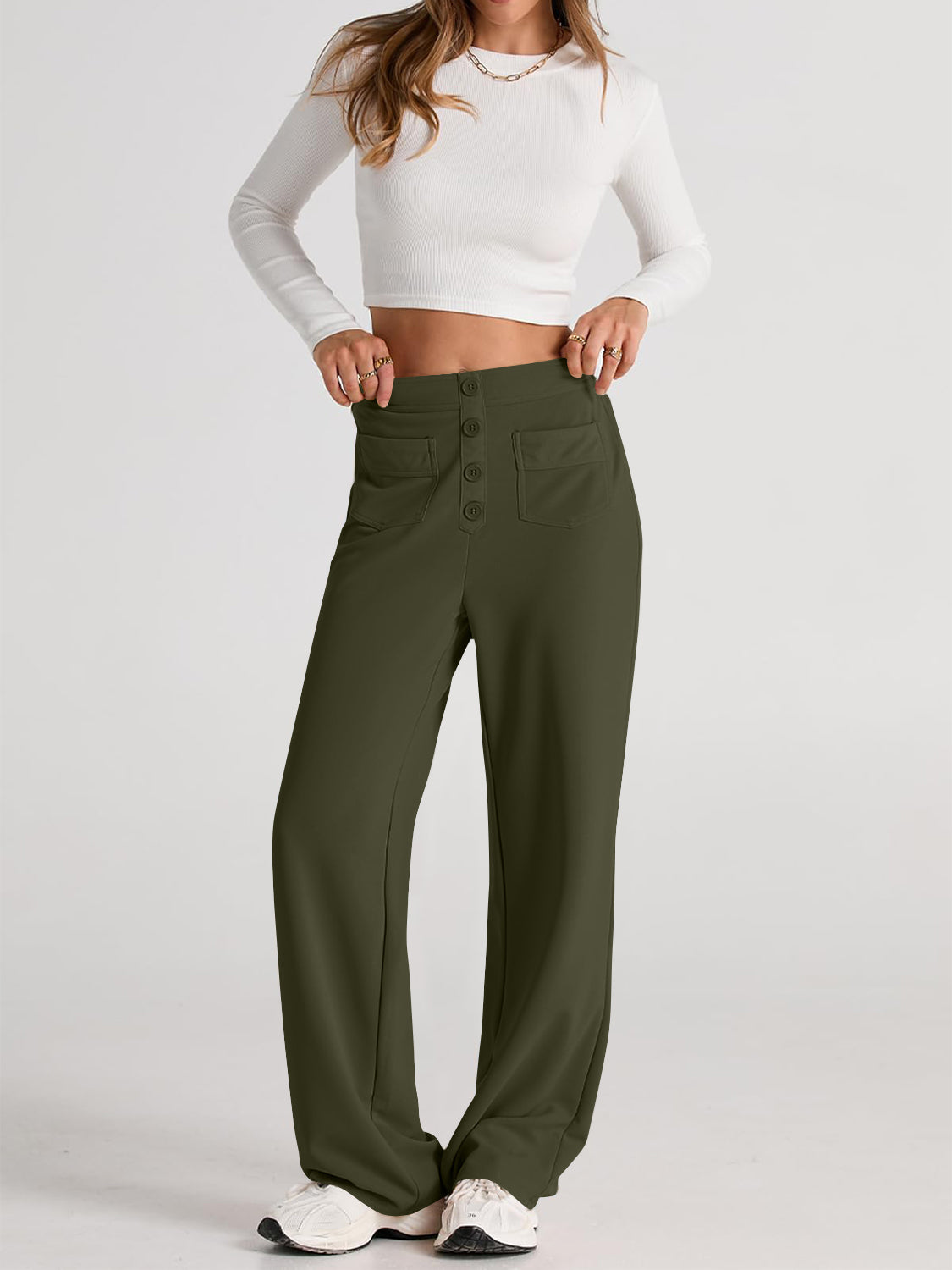 High waist wide leg pants with pockets, opaque.