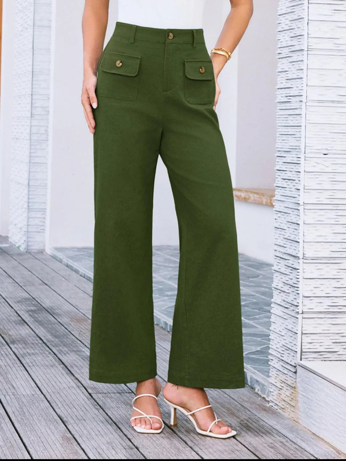High waist wide leg pants with buttons and pockets.