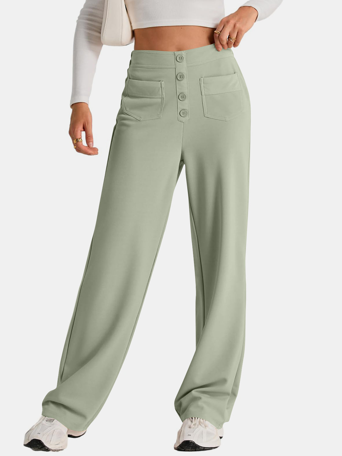 High waist wide leg pants with pockets, opaque.