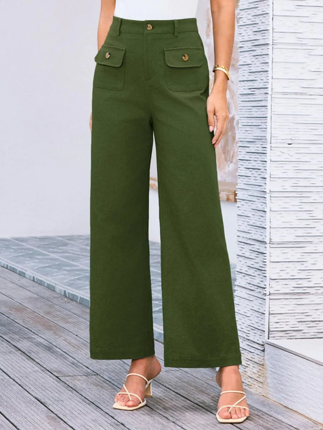 High waist wide leg pants with buttons and pockets.