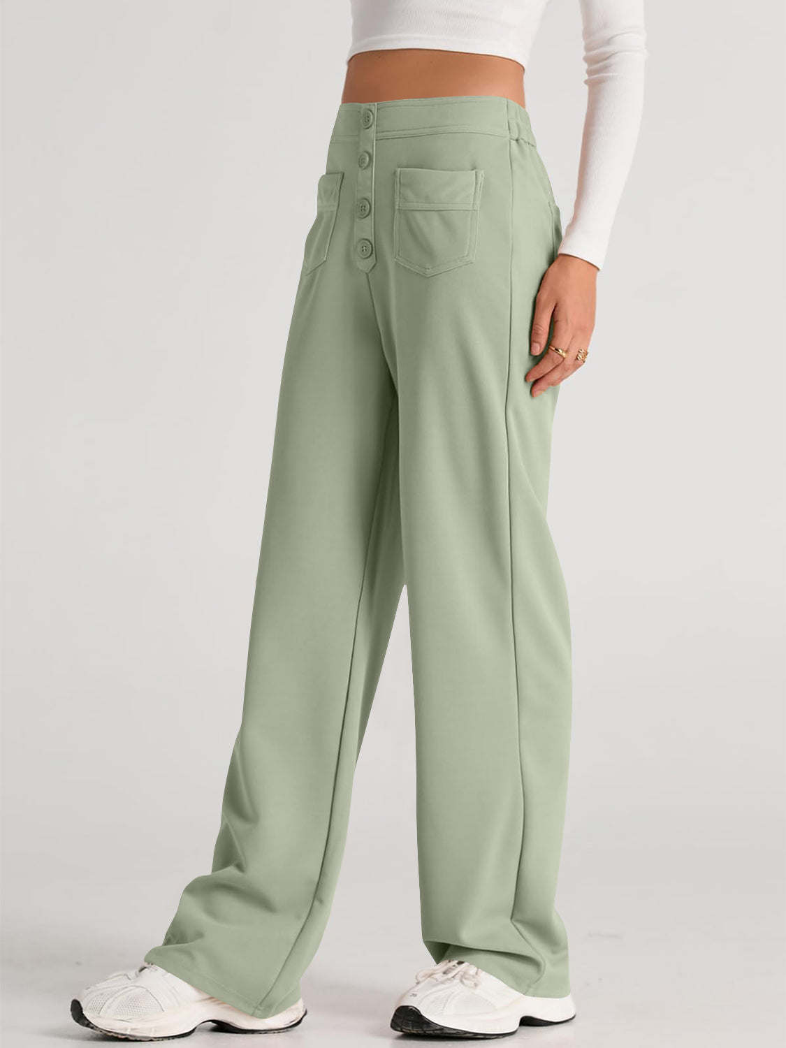 High waist wide leg pants with pockets, opaque.