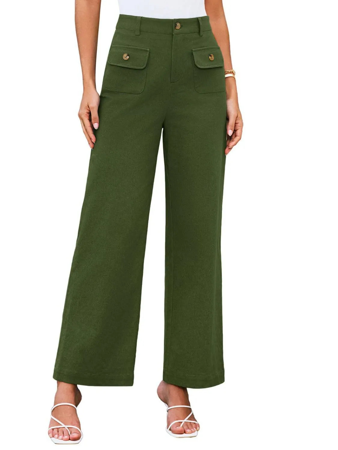 High waist wide leg pants with buttons and pockets.