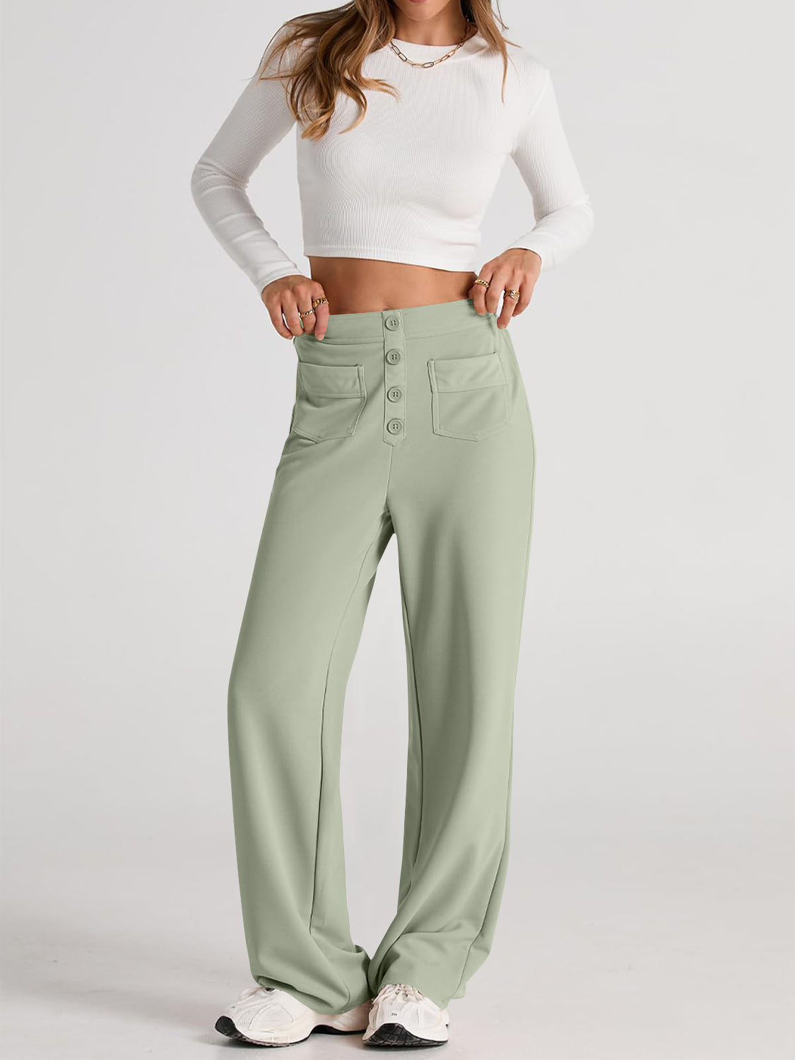 High waist wide leg pants with pockets, opaque.