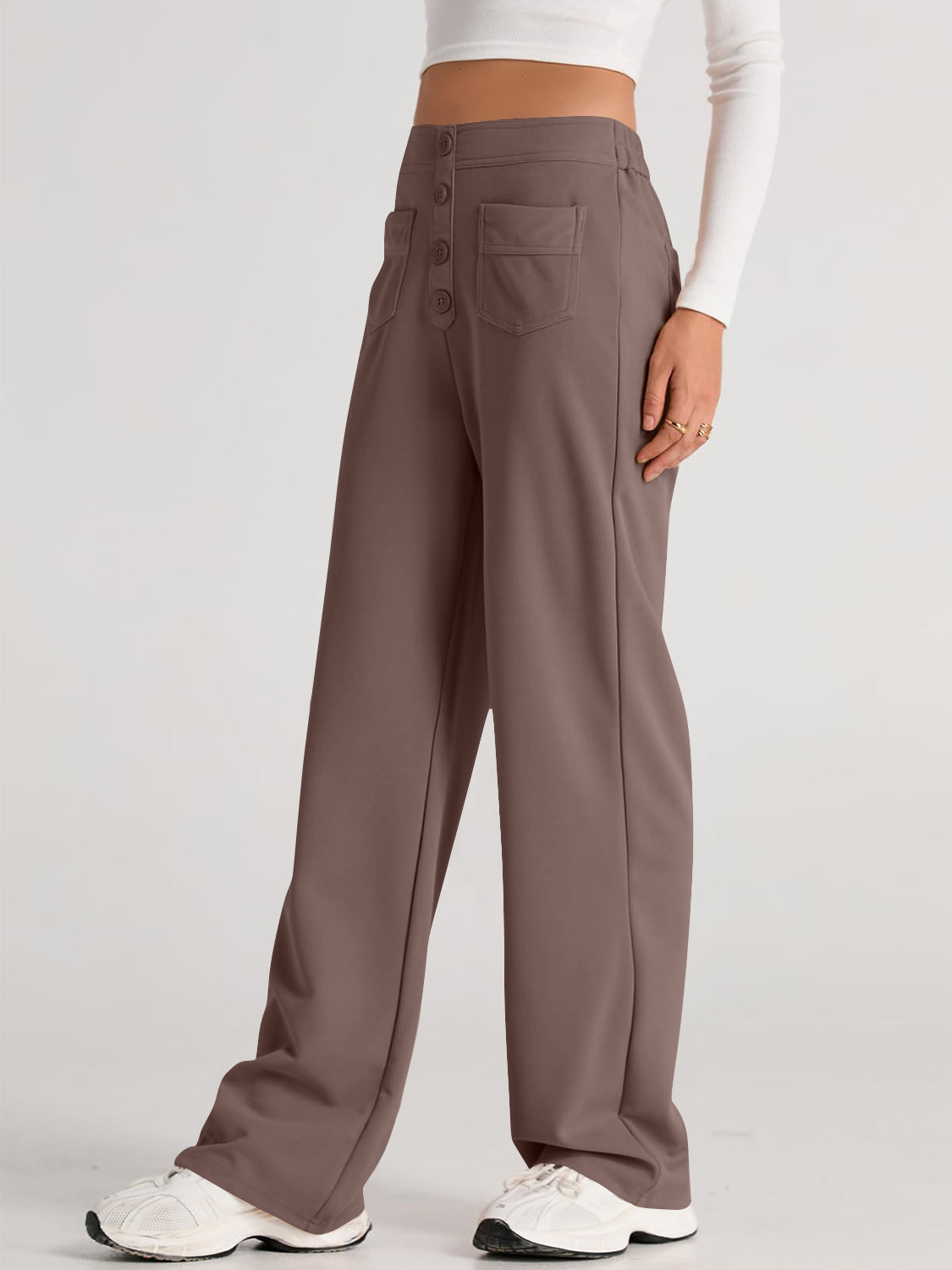 High waist wide leg pants with pockets, opaque.