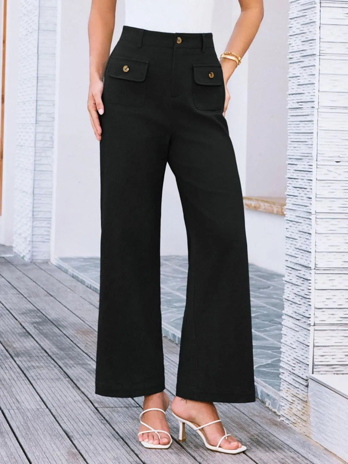 High waist wide leg pants with buttons and pockets.