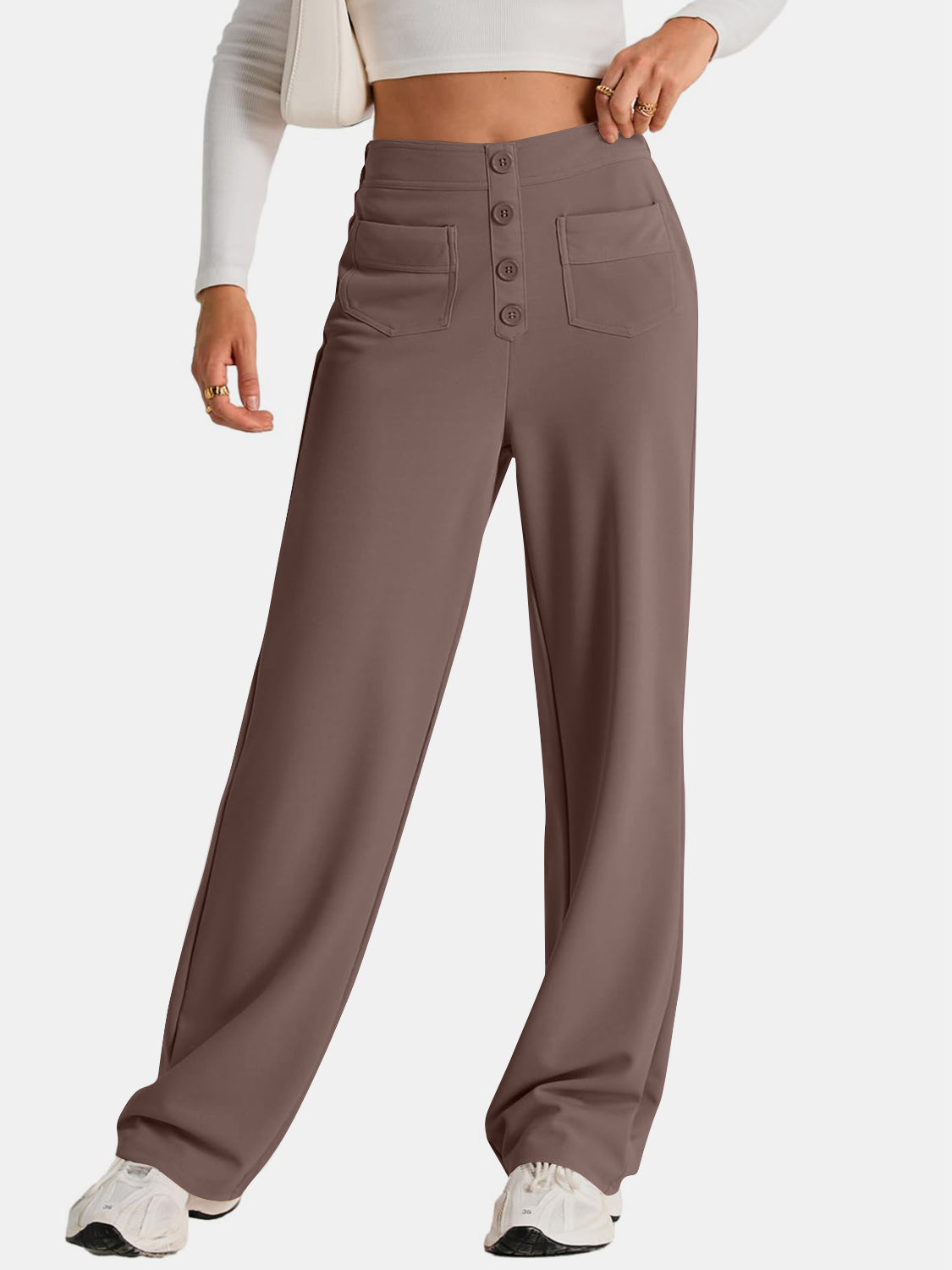 High waist wide leg pants with pockets, opaque.
