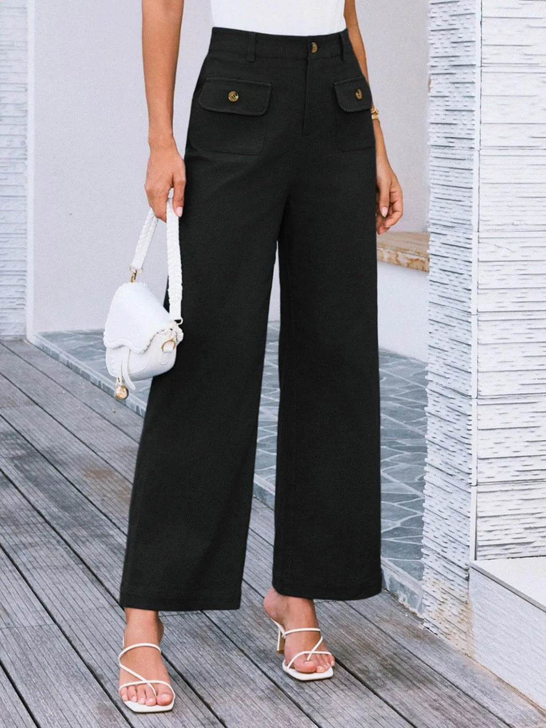 High waist wide leg pants with buttons and pockets.