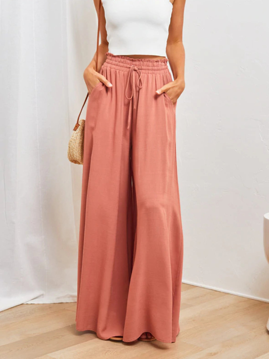 High waist wide leg pants with pockets, opaque.