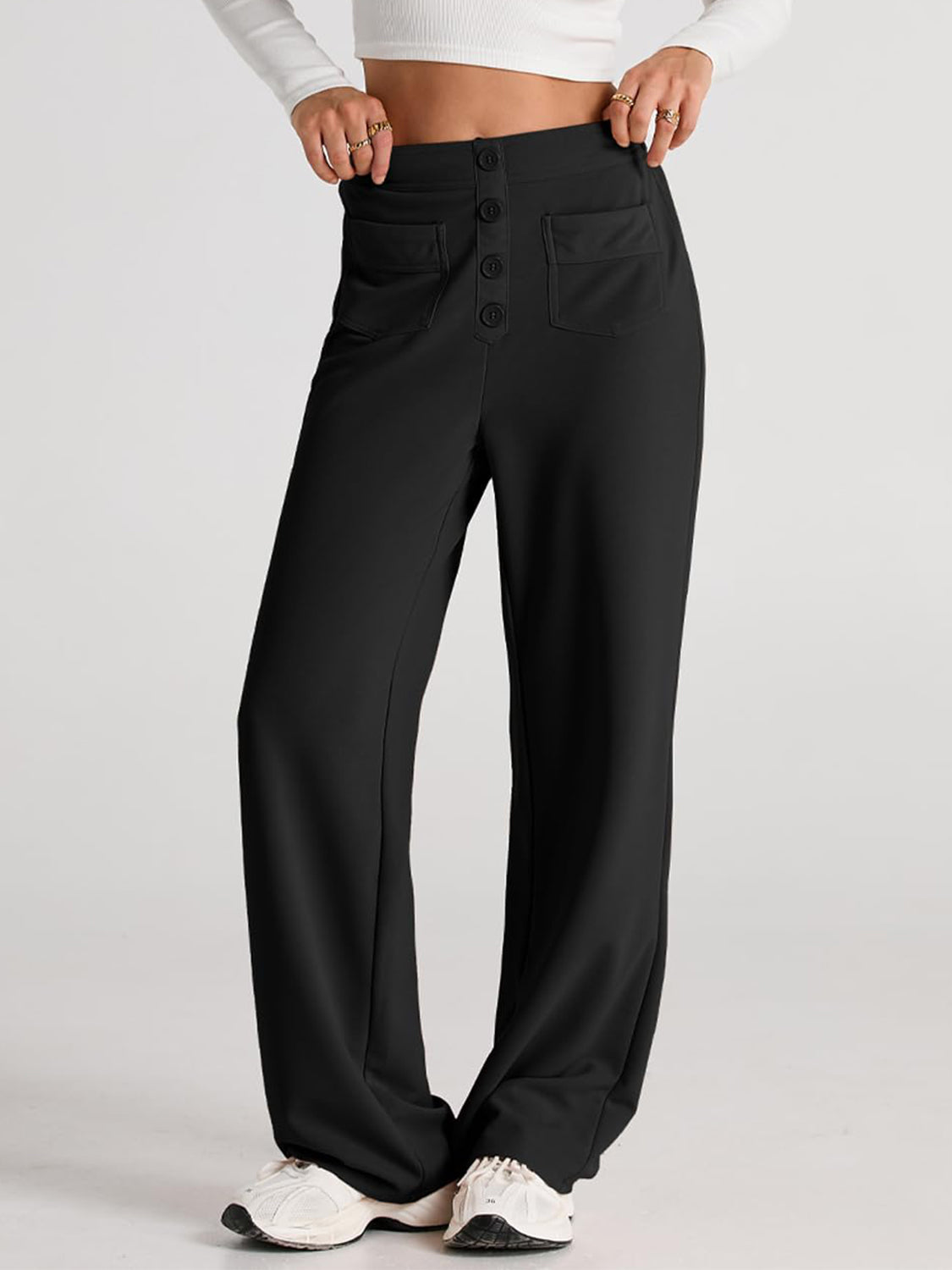 High waist wide leg pants with pockets, opaque.