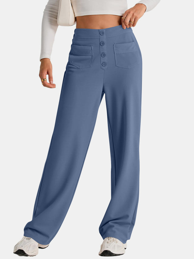 High waist wide leg pants with pockets, opaque.