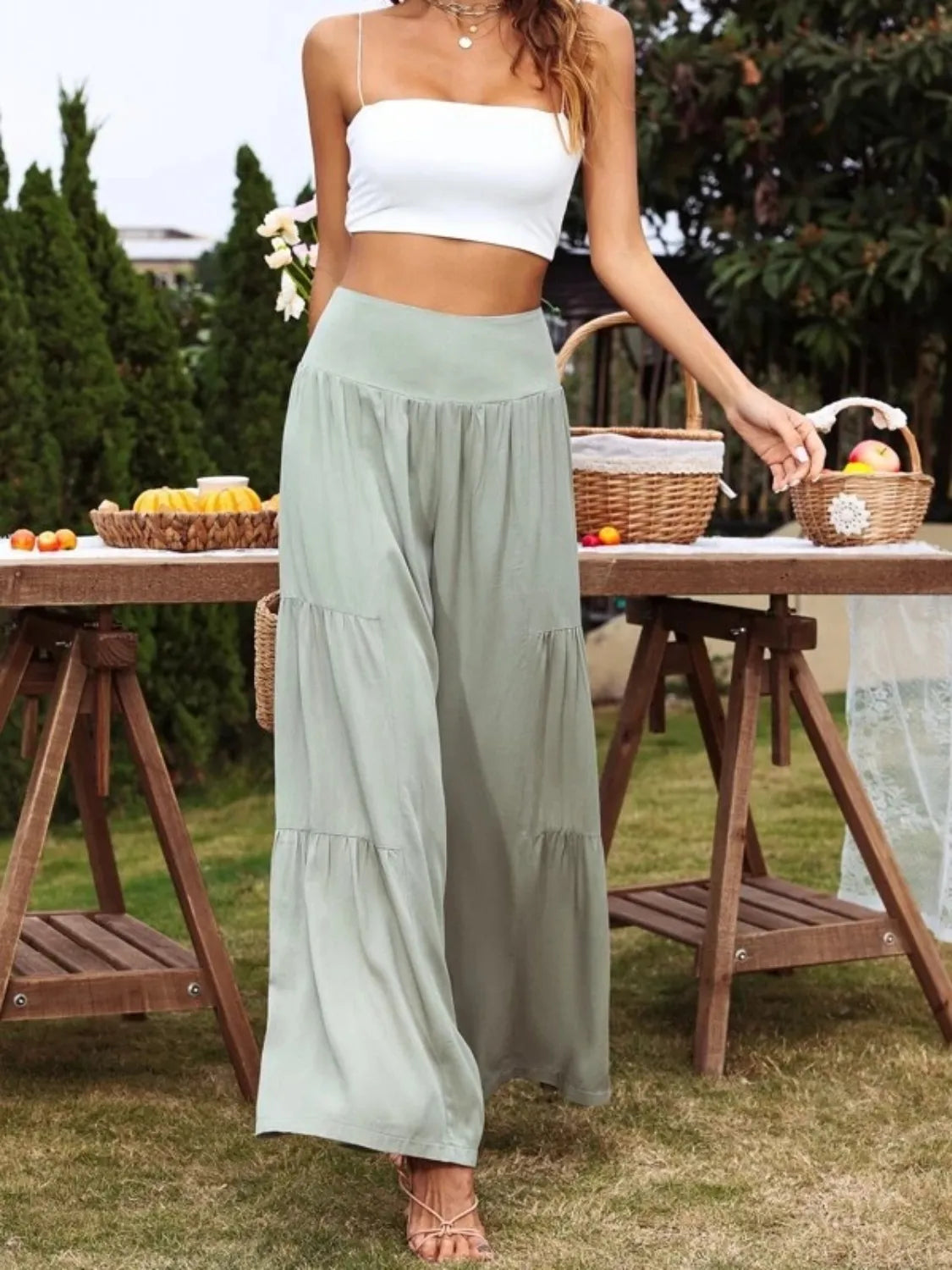 High waist wide leg pants with tiers.