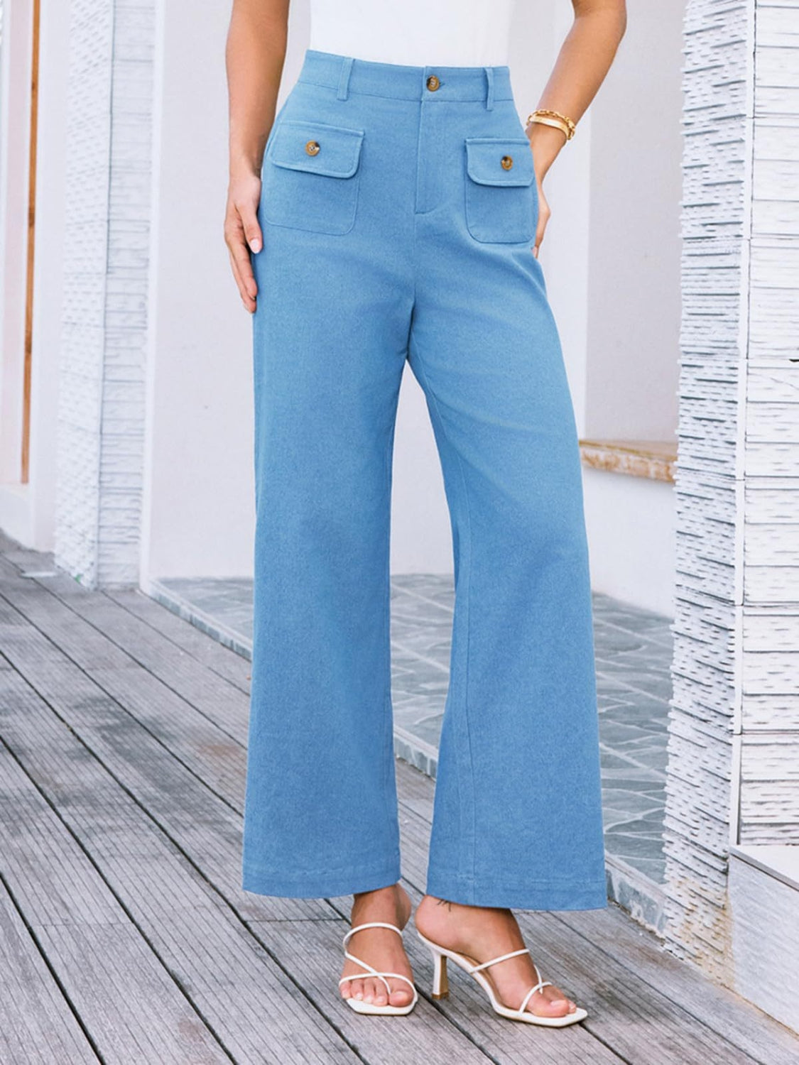 High waist wide leg pants with pockets, opaque.