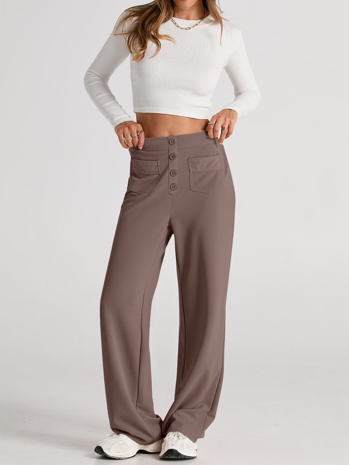 High waist wide leg pants with pockets, opaque.