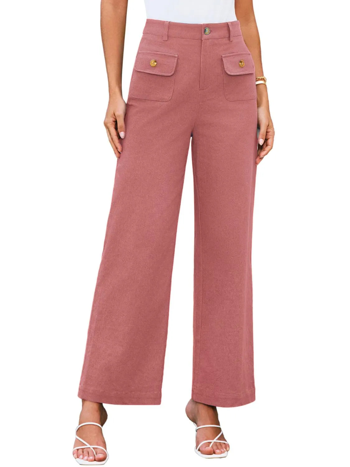 High waist wide leg pants with buttons and pockets.