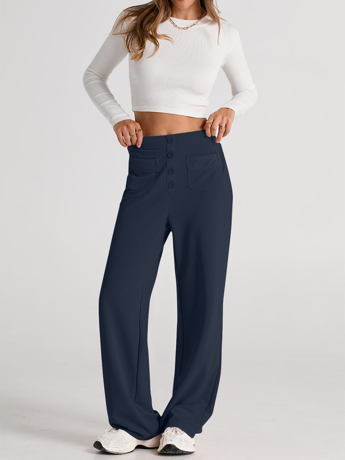 High waist wide leg pants with pockets, opaque.