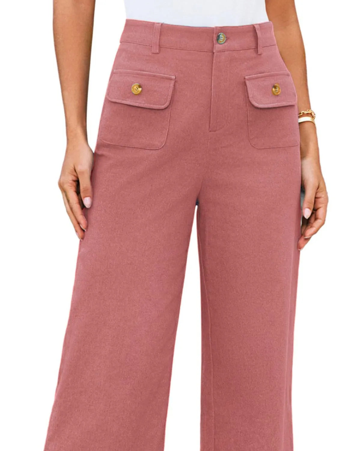 High waist wide leg pants with buttons and pockets.