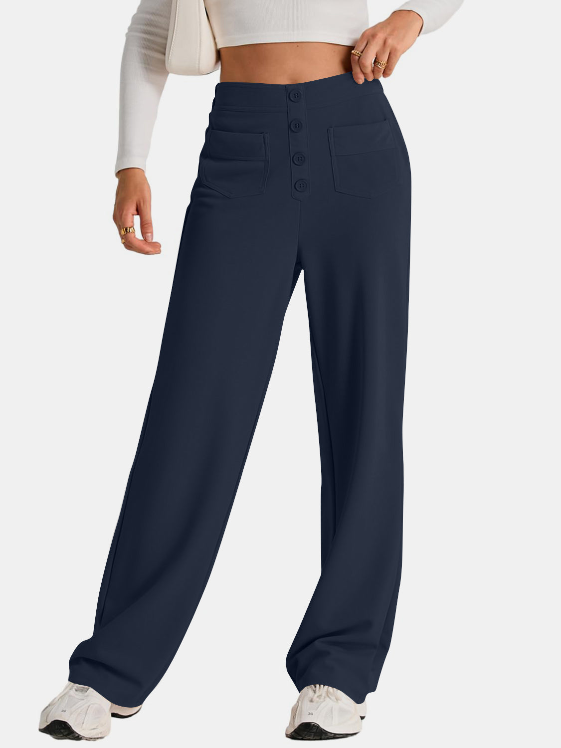 High waist wide leg pants with pockets, opaque.