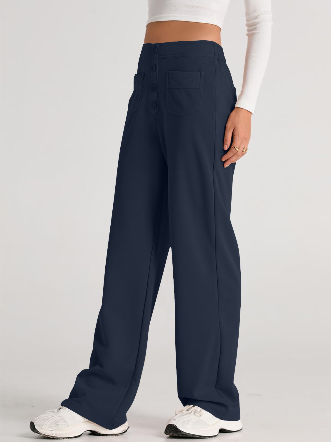 High waist wide leg pants with pockets, opaque.