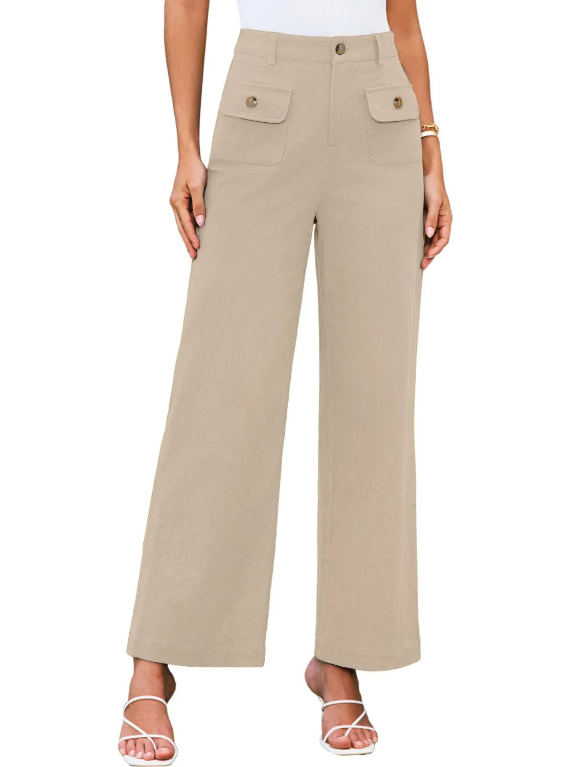 High waist wide leg pants with buttons and pockets.