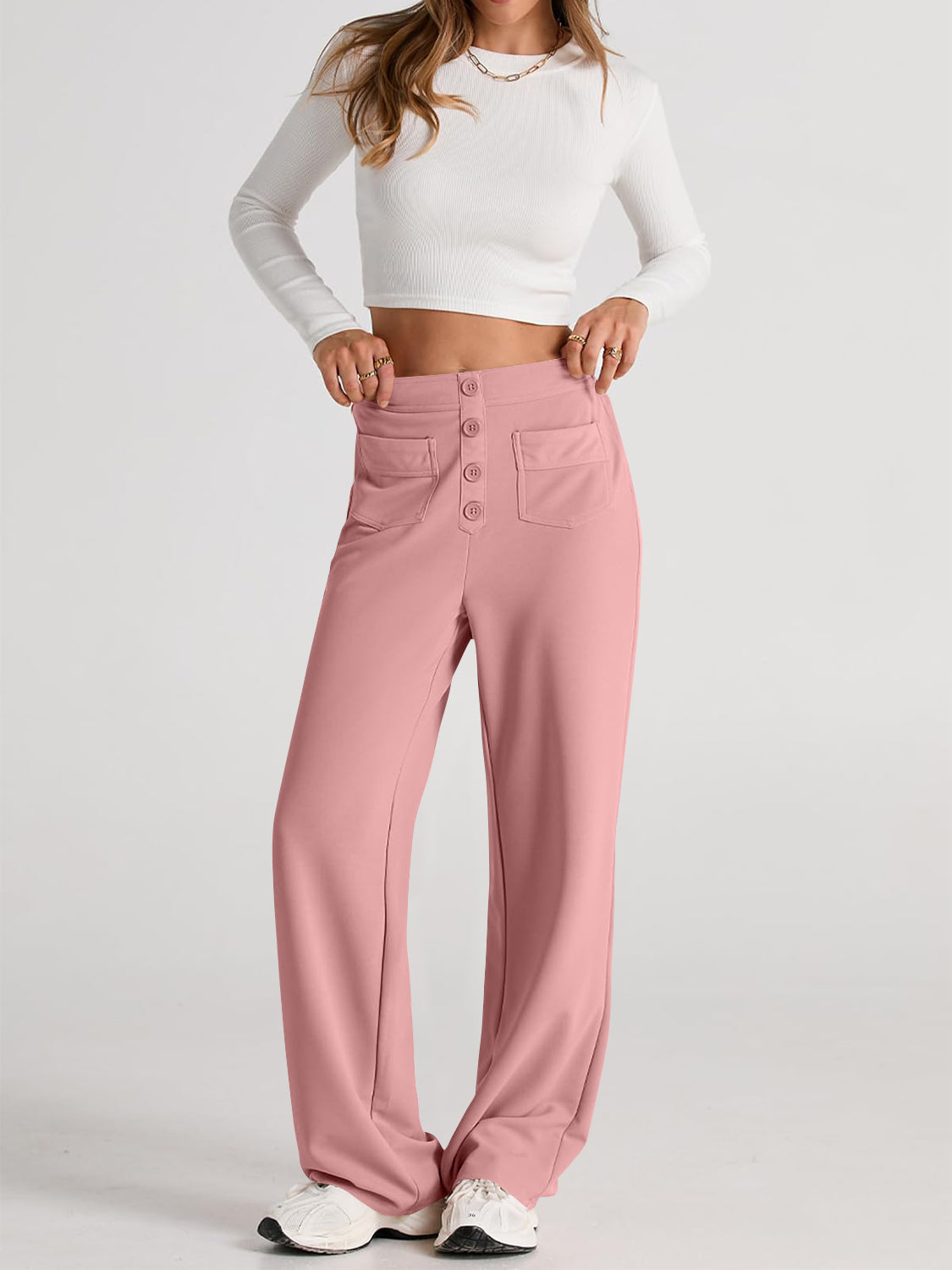 High waist wide leg pants with pockets, opaque.