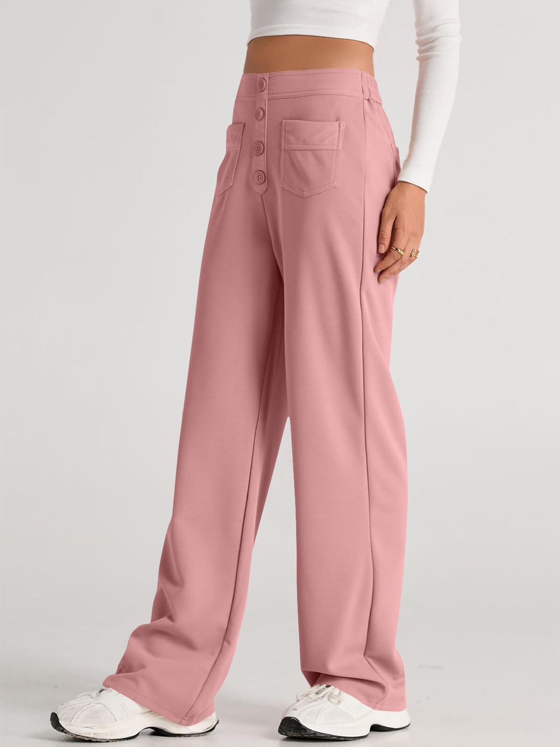 High waist wide leg pants with pockets, opaque.
