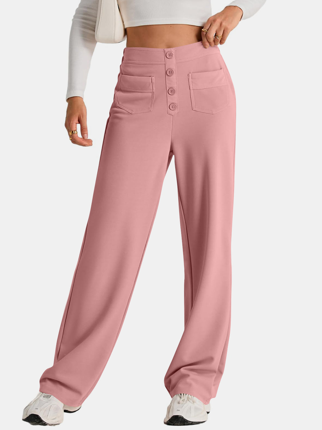 High waist wide leg pants with pockets, opaque.