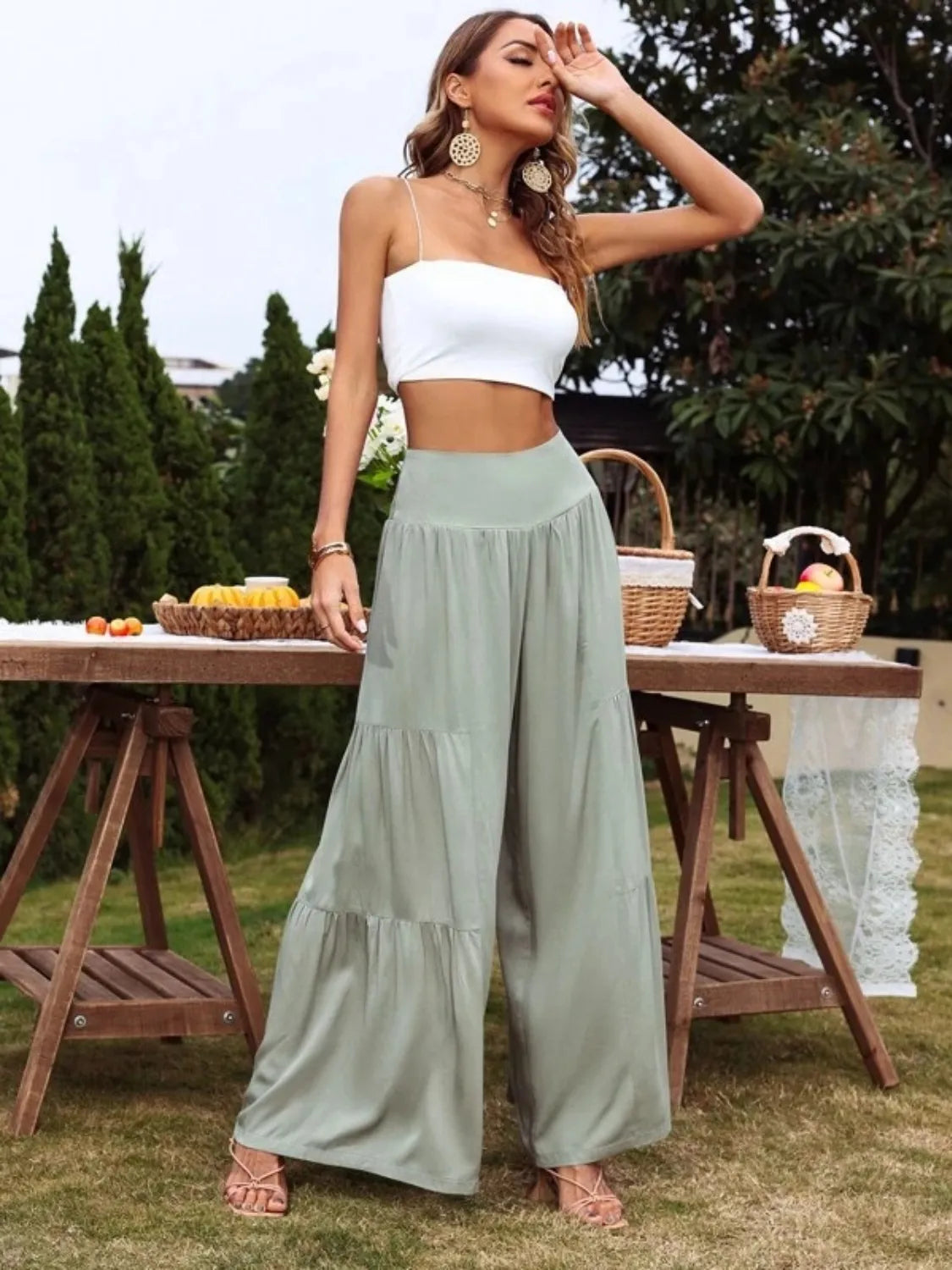 High waist wide leg pants with tiers.