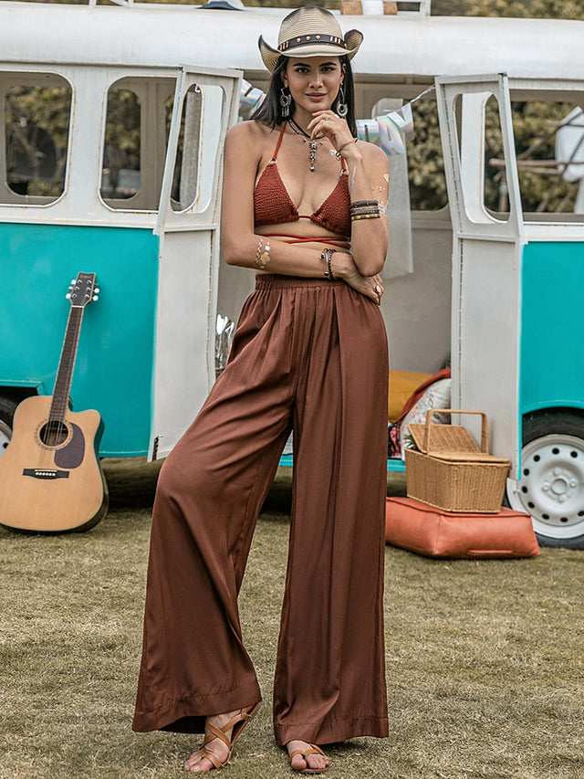 High waist wide leg pants, opaque.