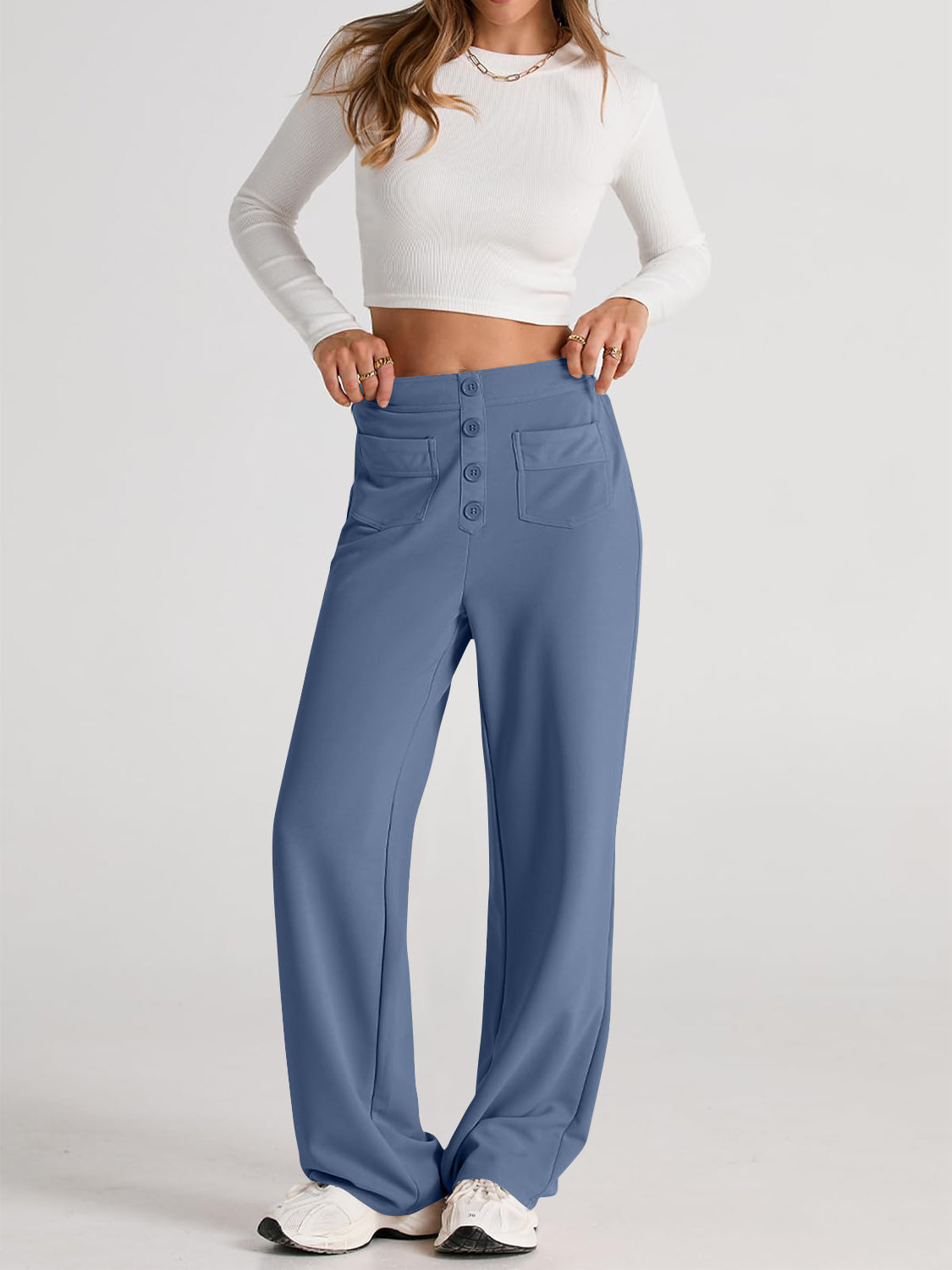 High waist wide leg pants with pockets, opaque.