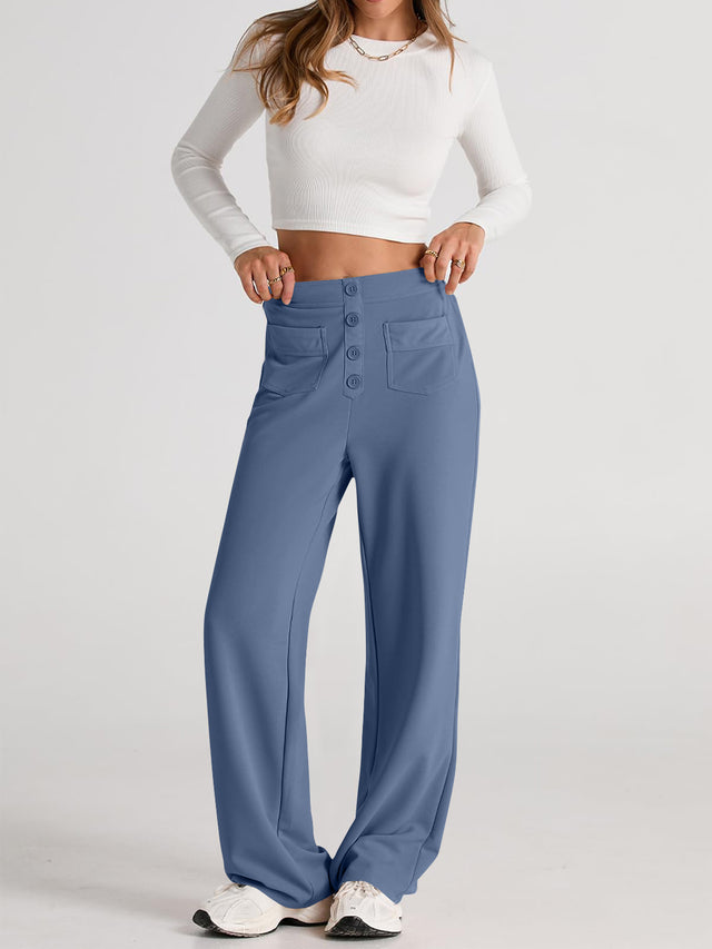 High waist wide leg pants with pockets, opaque.