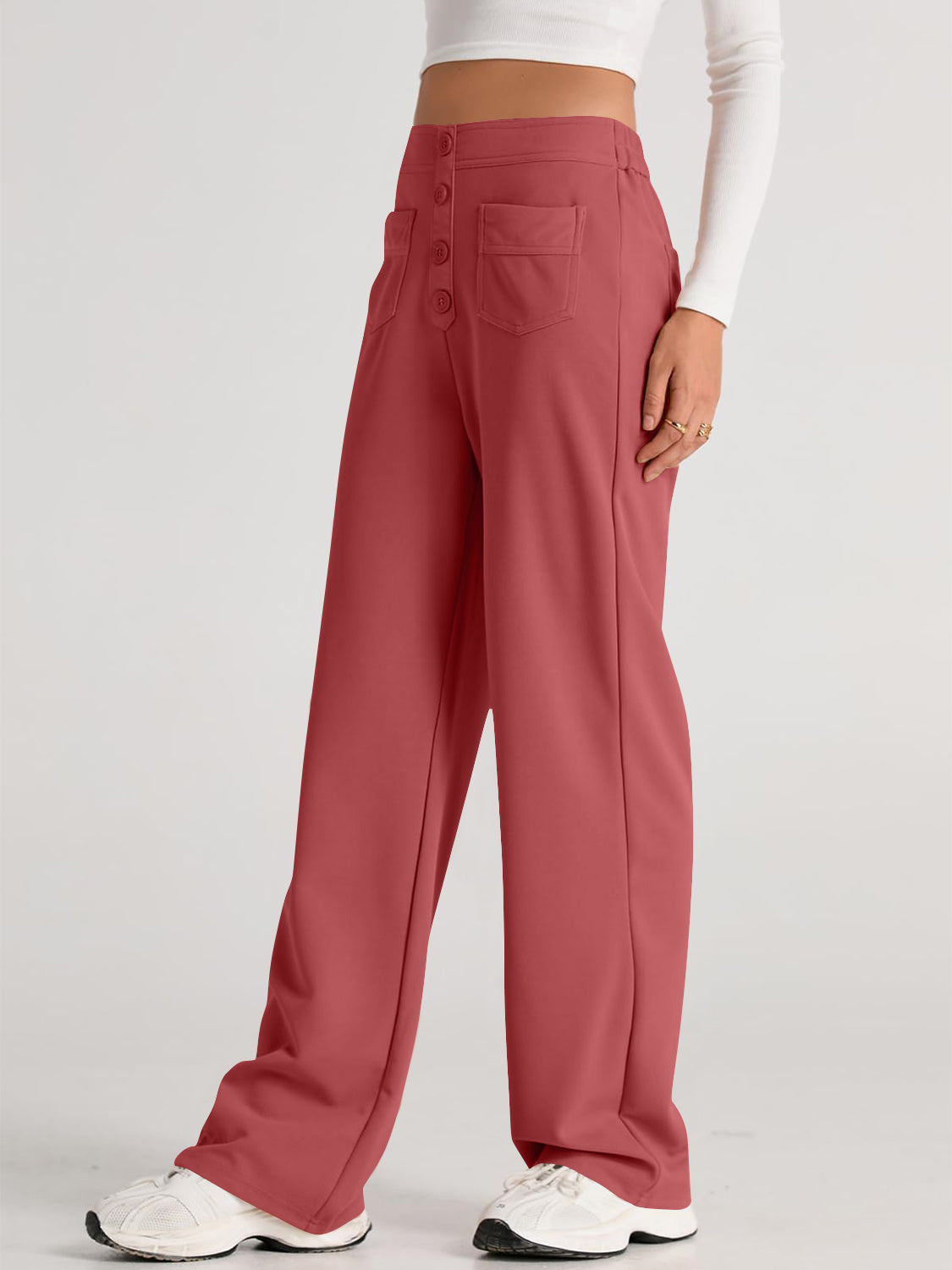 High waist wide leg pants with pockets, opaque.