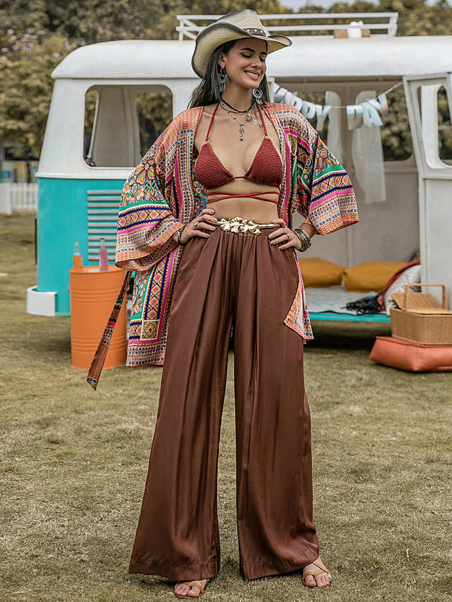 High waist wide leg pants, opaque.