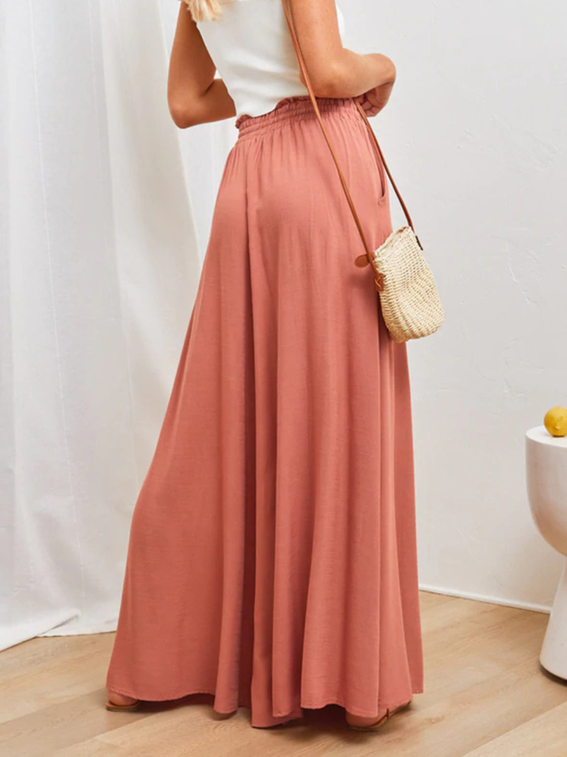 High waist wide leg pants with pockets, opaque.