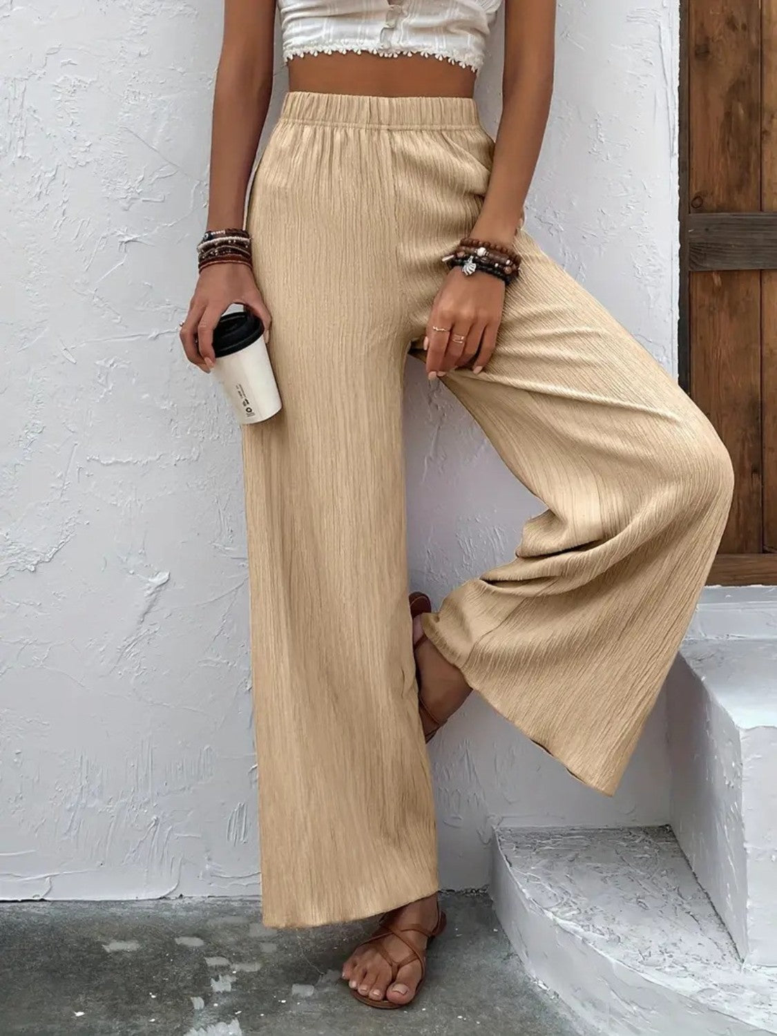 Full size high waist wide leg pants, opaque.
