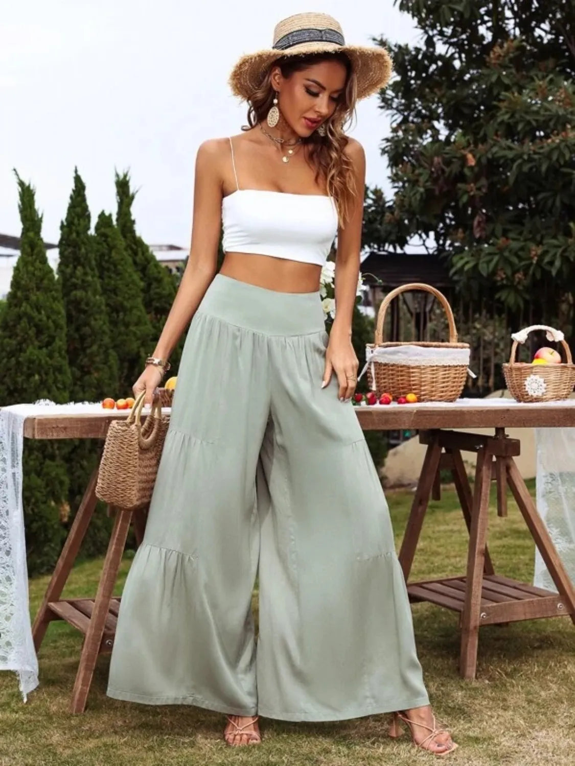 High waist wide leg pants with tiers.
