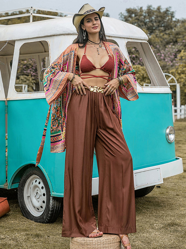 High waist wide leg pants, opaque.